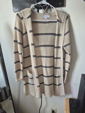 Hooded Open-Front Striped Cardigan Sweater - Beige/Gray